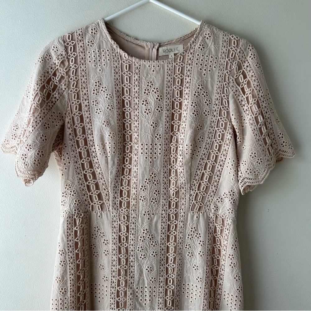 Roolee 100% Cotton Lace Crochet Midi Dress Muted Pink S